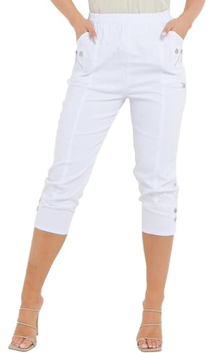 Pure Fashion UK Cropped Trousers New Cherry Berry Soft Cotton Stretch Capri Cropped 3/4s Elasticated Cropped Trousers Pants Size 8-26 UK (as8, Numeric, Numeric_10, Regular, Regular, White)