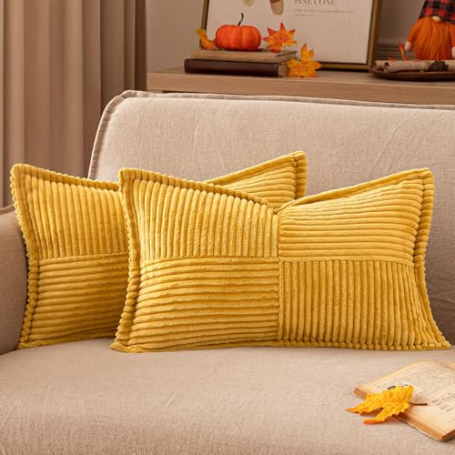 EMEMA Kordsamt Kissenbezüge Herbst Dekokissen Dekorativ Kissenbezug 30x50 cm Kissenhülle Sofakissen Zierkissen Couchkissen 2er Set für Wohnzimmer Schlafzimmer Kurkuma
