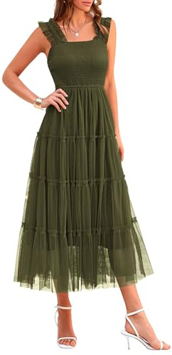 PRETTYGARDEN Women's Summer Tulle Midi Dress Sleeveless Smocked Ruffle Flowy Mesh Dresses Party Wedding Guest Sundress (Army Green,Medium)