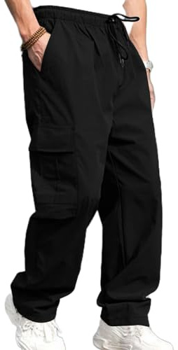 RePaLy Pantalones Casuales Holgados para Hombre con Múltiples Bolsillos, Pantalones De Chándal Tipo Cargo para Hombre, con Cordón, Informales, Cintura Elástica, Cordón Ajustable (L,Negro)
