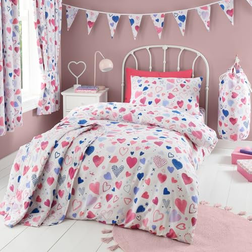 Happy Linen Company Girls Boys Kids Hearts Pink Double Reversible Soft Easy Care Bed Linen Duvet Cover Quilt Bedding Set With Pillow Cases