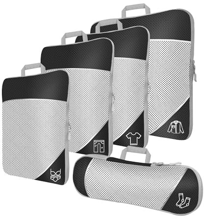 MEUVO Packwürfel Kompression für die Reise - Extrem platzsparender Koffer-Organizer-Set, wasserdichte Packtaschen für Koffer oder Rucksack, 5er-Set Compression Packing Cubes