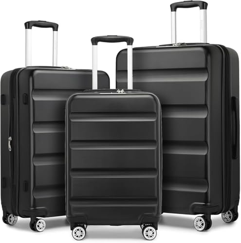 KONO Koffer Trolley Kofferset 3 Teilig Erweiterbarer Leichte Hartschalenkoffer aus ABS+PC Reisekoffer mit TSA-Schloss und 4 Spinnrollen M-L-XL, Schwarz