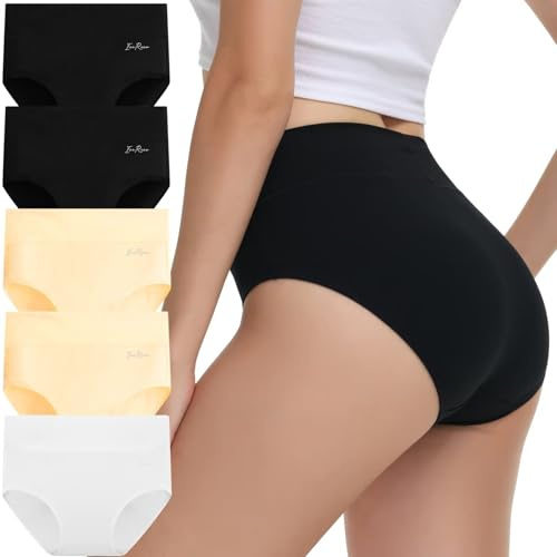 IceReco Bragas Mujer Algodon Talle Alto Pack de 5 Bragas Postparto Braguitas Algodon Mujer Cintura Alta Algodón Culotte Ropa Cómodo Interior Braguitas de Control Reductoras Negro Blanco Beige L