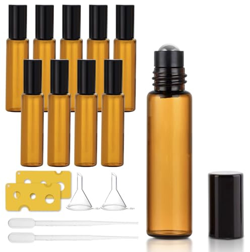 Dalephoric 10 stycken rulle på glasflaskor för eterisk olja, rulle på flaska tom 10 ml, bruna eteriska oljor roller glasflaskor med rostfritt stål roller boll, för massageoljor, doft, kosmetika