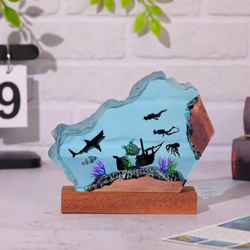 Drawelry Ocean Epoxy Resin Wood Lamp, Handmade Wave Shape LED Night Light, Deep Sea Diver Cave Diving Decor Multicolor Aquatic Lamp, Birthday Gift forMen Dad Family Friends (White Shark)