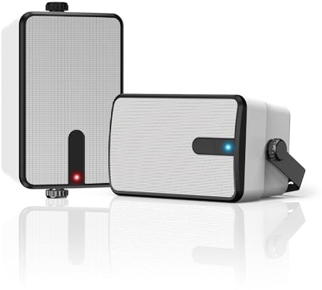 Plyee Audio 250W Altavoces Bluetooth para Exteriores, Sincronización Inalámbrica Entre Altavoces, IPX5 Impermeable, Montaje en Pared para Patio, Porche, Cenador, Garaje, Paquete de 2 (MZ-632)