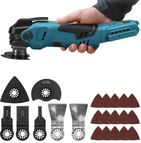 Akku Oszillationswerkzeug kompatibel mit Makita 18V-Akku (OHNE Akku), 8000–22000 U/min, bürstenloses Multifunktionswerkzeug mit 5 Geschwindigkeiten und 22 Zubehörteilen, zum Schneiden und Schleifen