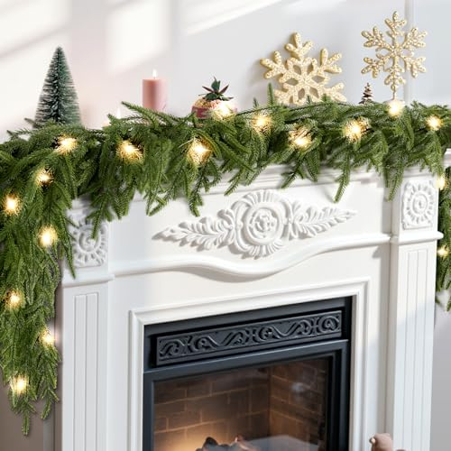 TranquilBliss 6FT Christmas Garland with Lights 20 LEDs, 8 Flash Style With Timer for Indoor & Outdoor Christmas Decorations, Real Touch Artificial Norfolk Garland for Table, Fireplace, Stairs, Mantle
