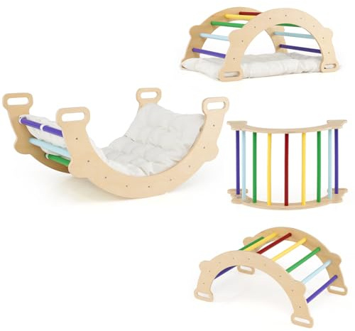 GOPLUS 3 en 1 Arco de Escalada para Niños, Gimnasio Montessori Infantil de Madera con Colchón Extraíble, Escalera de Escalada o Túnel de Gateo, Parque de Escalada para Niños de 3+ Años (Natural)