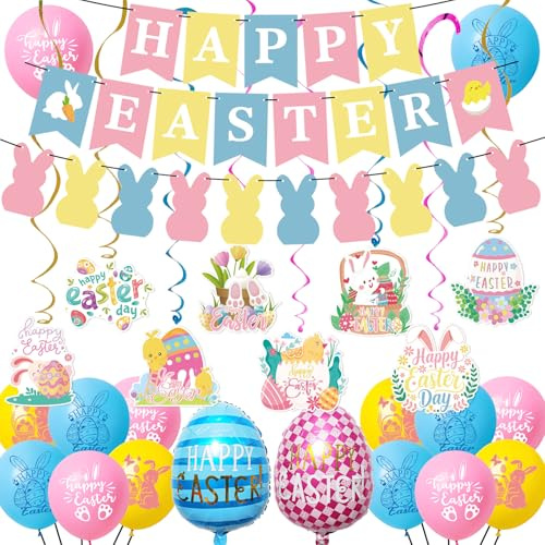 PAUBLLON Easter Decorations Happy Easter Bunting - Hanging Banner Ceiling Swirl Decorations, Easter Egg Foil Balloons, Bunny Foil Hanging Pendant for Home Party Decor Supplies Spring Decorations (A)