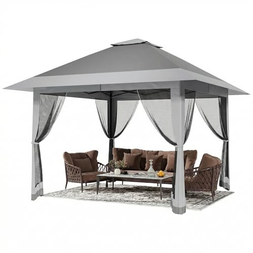 Carpa Plegable Gazebo 4x4m con Laterales De Malla, Cenador Pabellón Pop Up De Jardín Techo Doble y Bolsas De Arena, Protección UV, para Camping, Fiestas, Exterior, Beige
