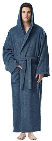 Arus Mens Hooded Classic Turkish Cotton Bath Robe with Full Length Options Ocean Blue, Large-X-Large