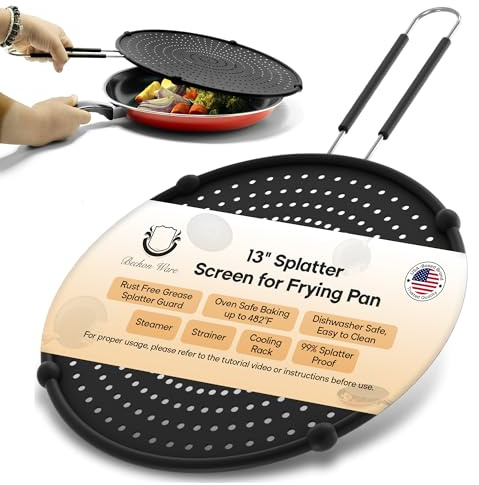Splatter Screen for Frying Pan | USA Brand | 13-Inch Black, Fit Pans (12 to 13) Silicone Grease Splatter Guard for Frying Pan and Stove by Beckon Ware