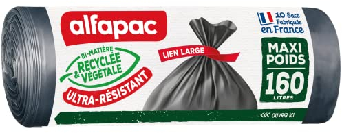 ALFAPAC - Sacs Poubelle à Lien Large - Maxi-Poids - Ultra-Résistant - 74% Recyclé et 15% Végétal - Fabrication Française - 10 x 160L, Noir