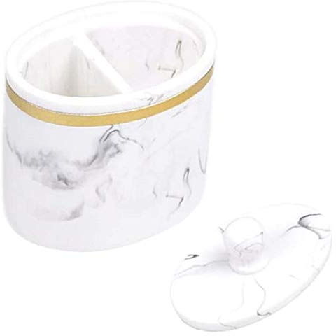 FülleMore Wattestäbchenbehälter aus Kunrtharz Marmor Optik Wattestäbchen Aufbewahrungsbox mit Deckel rutschfest Zahnstocher Box Wattestäbchen Box Staubdicht Kosmetik Organizer (Weiß)