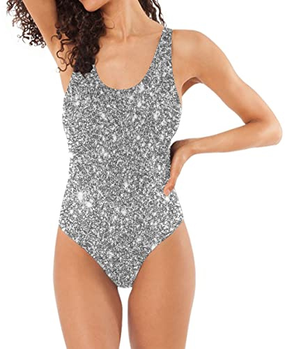 CHIFIGNO Costume da bagno intero con glitter viola costume da bagno da spiaggia per ragazze donne (S-XL), Multicolore, M