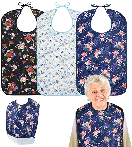 Roylvan Lätzchen, 3er-Pack Wasserdicht Erwachsenen Lätzchen mit Druckknöpfen & Schmutzfänger, Waschbar Kleidungsschutz Erwachsene für Männer Frauen Ältere Menschen Behinderte - Blau+Weiß+Schwarz