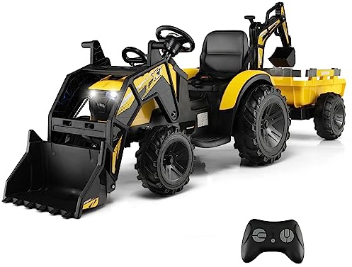 COSTWAY 3 in 1 Ride on Tractor and Trailer, 12V Battery Powered Electric Excavator Bulldozer with Shovel Bucket, Digger, Remote Control, LED Lights, Music, MP3 & USB Port (Yellow)