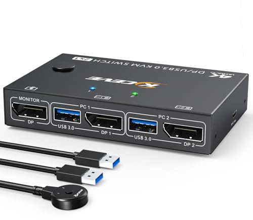 Switch KVM USB3.0 Displayport 2 porte 4K@144Hz, Switch KVM 2 PC 1 monitor 8K@30Hz con 4 porte USB3.0 per 2 PC condivisi 1 monitor e tastiera, mouse, stampante, con telecomando via cavo e 2 cavi USB3.0