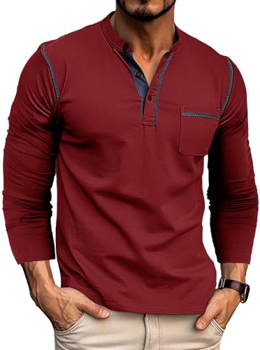 Ophestin Men's Henley Shirts Long Sleeve T Shirt Casual Fashion Shirt Buttons Tee Top Red XL