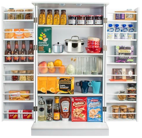 Ezigoo Pantry Cupboard 103cm Kitchen Cabinet with Countertop & Adjustable Shelves with Guardrail, Free Standing Storage Units as Multifunctional Space-saving Organizer for Kitchen Dining Living Room