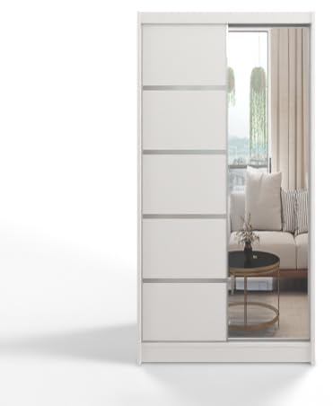 Gaba furniture White Series 100 cm Sliding Door Wardrobe with Mirror Widths 100/120/150/180/200/250 cm Furniture for Bedroom Living Room Wardrobe with Hanging Rail