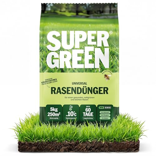 SUPERGREEN Universal-Rasendünger Langzeit bis 60 Tage | 5kg für 250m² | NPK 12-10-15 für dichten, sattgrünen, gesunden Rasen | Nitratfrei & staubfreies Granulat (2-5 mm) | Ganzjahresdünger