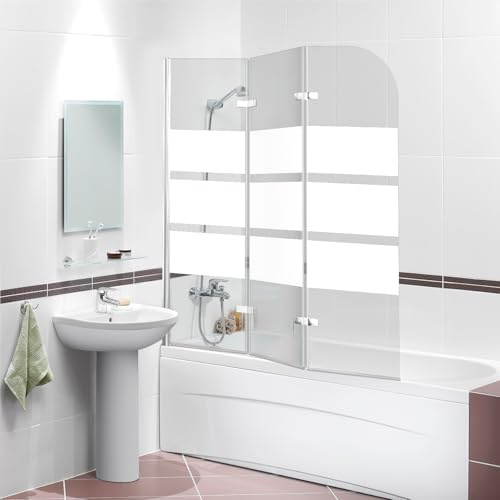 Eikuavons Mampara de ducha plegable para bañera, 120 x 140 cm, 3 piezas, cristal ESG, mampara de ducha plegable con nanorrevestimiento, rayas blancas