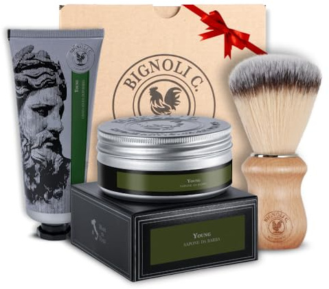 Bignoli Set Rasatura Tradizionale – Kit Barba Uomo - Sapone da Barba 175g + Crema Dopobarba 75ml + Pennello | Qualità Artigianale - Set Regalo Uomo (Young)