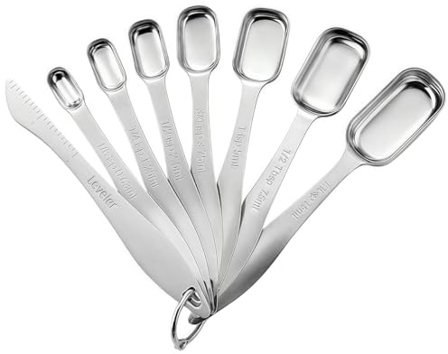 NiuLumea Juego de 8 cucharas medidoras de acero inoxidable con mango largo para ingredientes secos y líquidos con nivelador, 1/8 cucharada a 1 cucharada