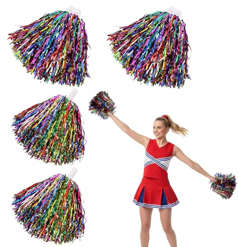 4 pompon da cheerleader, per eventi sportivi, pompon da cheerleader con due manici, pompon da cheerleading colorati con due motivi, ideali per competizioni e celebrazioni