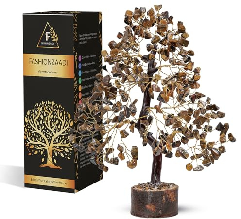 FASHIONZAADI Tiger Eye Gemstone Tree For Feng Shui Bonsai Reiki Healing Crystals Money Trees Chakra Balancing Stone Good Luck Crystal Home Decoration Table showpiece size 10-12 inch (Golden Wire)