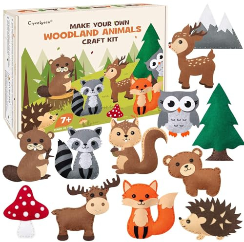 CiyvoLyeen Woodland Animals Craft Kit Kids DIY Crafting and Sewing Set Woodland Animals Felt Plushie for Girls and Boys Educational Beginners Sewing Set Sewing Kits for Kids Age 8 9 10 11 12