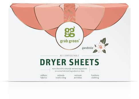 Grab Green Dryer Sheets, 80 Sheets, Gardenia Scent, Plant and Mineral Based, Compostable, Softens Fabrics, Reduces Static Cling and Wrinkles