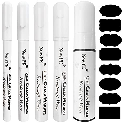 Feutre Craie Blanc, NowPE Marqueur Craies 1mm, 3mm, 6mm, 10mm et 15mm pour Tableau Noir, Verre et Fenêtres, Humide ou Sec Effacable Stylo de Craie, 5 Marqueurs Liquide + 16pcs Ardoise Noire Etiquettes