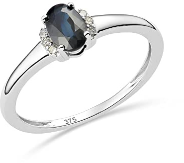 MIORE anillo de compromiso con 6 diamantes naturales 0,03 quilates y zafiro azul oval natural 0,56 quilates engastados en oro blanco 9 quilates 375
