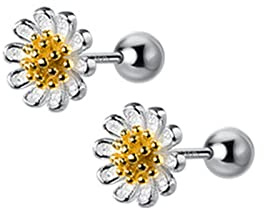 XKUN Orecchini Bella 925 Argento Sterling in Argento Piccola Margherita Fiore Argento Perline Orecchini per Le Donne Ragazze A Vite Posteriore Orecchino Gioielli Affascinanti-1 Pair Silvery