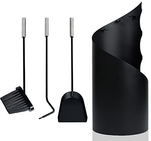 Aufun Posate da camino Set da camino moderno in 4 parti con pala, scopa, attizzatoio e supporto, posate da forno, nero, 56x22x22 cm