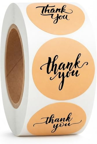 500 Thank You Stickers Roll, 1.5 Round Kraft Paper Labels, Black Script