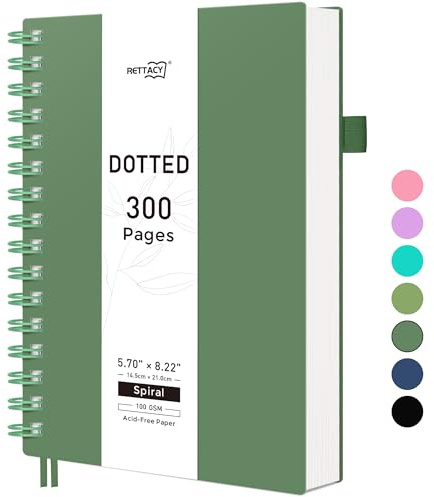 RETTACY A5 Dotted Notebook, Bullet Dot Grid Journal, Wirebound Spiral Notebooks 300Pages /150 Sheets for Writing,100gsm, PVC Hardcover, for Women Men Work Office School, 14.5 x 21cm - Dark green