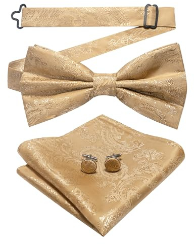 JEMYGINS Herrfluga med cashewblomdesign retrodesign med manschettknappar och näsduk, Krämfärger, M