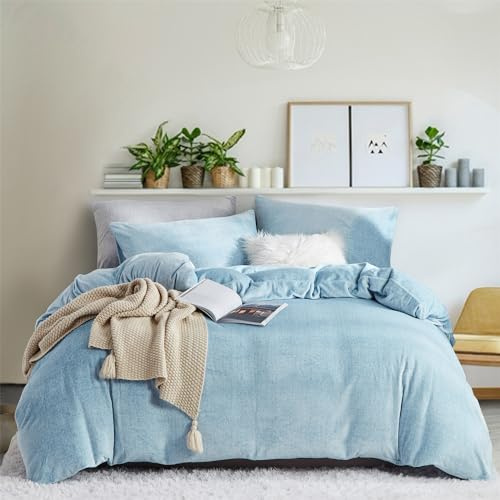 YASMENG Fluffy Velvet Duvet Cover Set Light Blue King Size Fall Winter Soft Warm Flannel Comforter Cover Pale Baby Blue 104 x 90 Luxury Cozy Plush Fleece Reversible Bedding Duvet Cover Set 3pcs