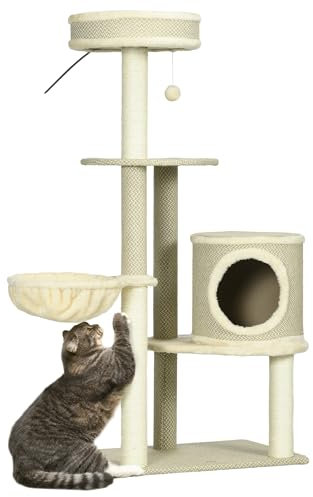 PawHut Arbre à Chat Arbre à Grimper Tour avec hamac, Panier, Niche, Plateforme, Pompon Suspendu, griffoirs en Corde de sisal, dim. 59L x 40l x 124H cm, Marron