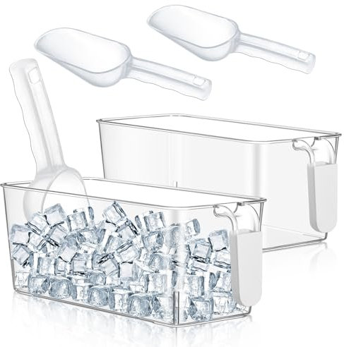 Havawish Ice Storage Bin and Flexible Scoop Set Plastic Freezer Bin with Pull Out Handle Storage Bucket Clear for Container with Scoop(Grey,10.83 x 4.92 x 4.33 in,Classic)