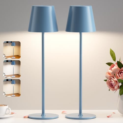 PreeOtti 2 Pezzi Lampada da Tavolo Senza Fili, Touch Dimmerabile, 3 Modalità di Colore, Lampada da Comodino LED Ricaricabile per Camera da Letto, Soggiorno, Campeggio all'aperto Esterno(Blu)