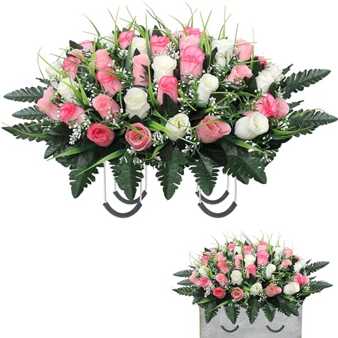 Lodou Cemetery Flowers for Grave,Headstone Flower Saddle,Flowers for Cemetery Grave Decoration Headstone Flower Saddle for Headstone Decoratio (Pink White)