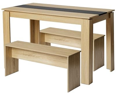 LafeuR Esstisch mit 2 Bänken 3-TLG Set 120x70x75cm Küche Stühle Tisch Möbel Essgruppe Praktisch Sitzgruppe Eiche & Schwarz