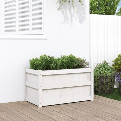 Baziroo Außenbereich Blumenkübel Pflanzkübel 90x50x50 cm Massives Kiefernholz Garten Pflanzenkübel Pflanzbeet Anzuchtbeet Gemüsebeet Gartenbeet Blumenbeet Pflanzenbeet Blumenkasten Balkon Weiß