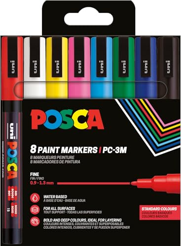 POSCA 186558 - Set de rotuladores POSCA, 8 rotuladores acrílicos PC-3M, rotuladores permanentes con punta redonda de 0,9-1,3 mm